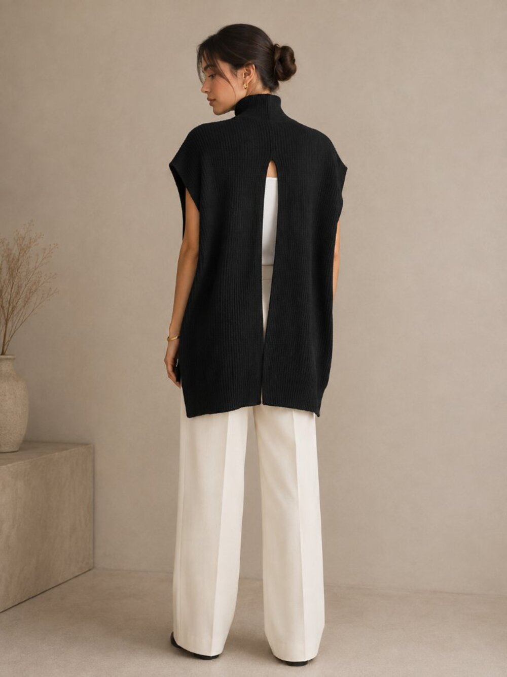 WithBlack Simona Rib Knit Cashmere Blend Poncho NWT Size M Black High Neck - Picture 3 of 9